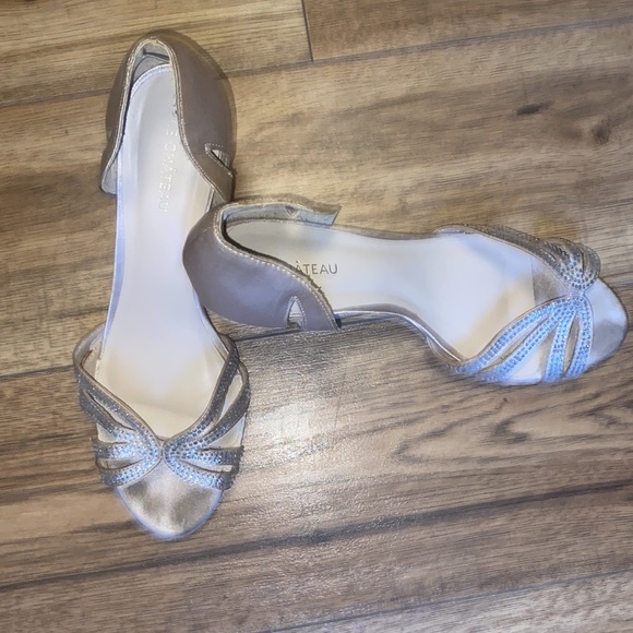 Champagne Satin Peep Toe Heels with Crystal Accents - Picture 3 of 7